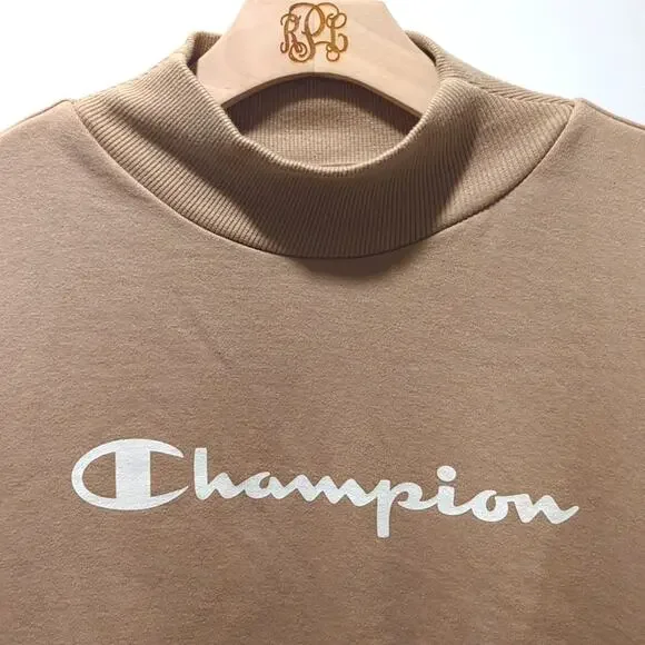 Champion Mock Neck Neutral Sweatshirt Long Sleeve Logo Beige Tan Size M - Picture 2 of 8